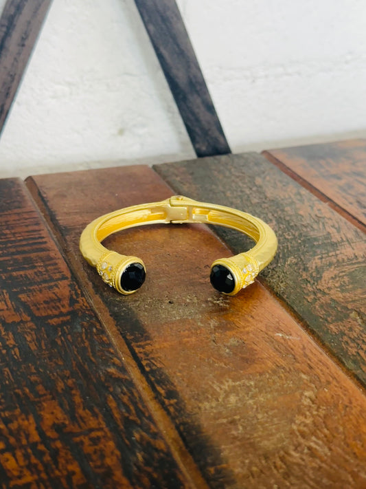 Gold Hammered Black Bead End Cuff Bracelet