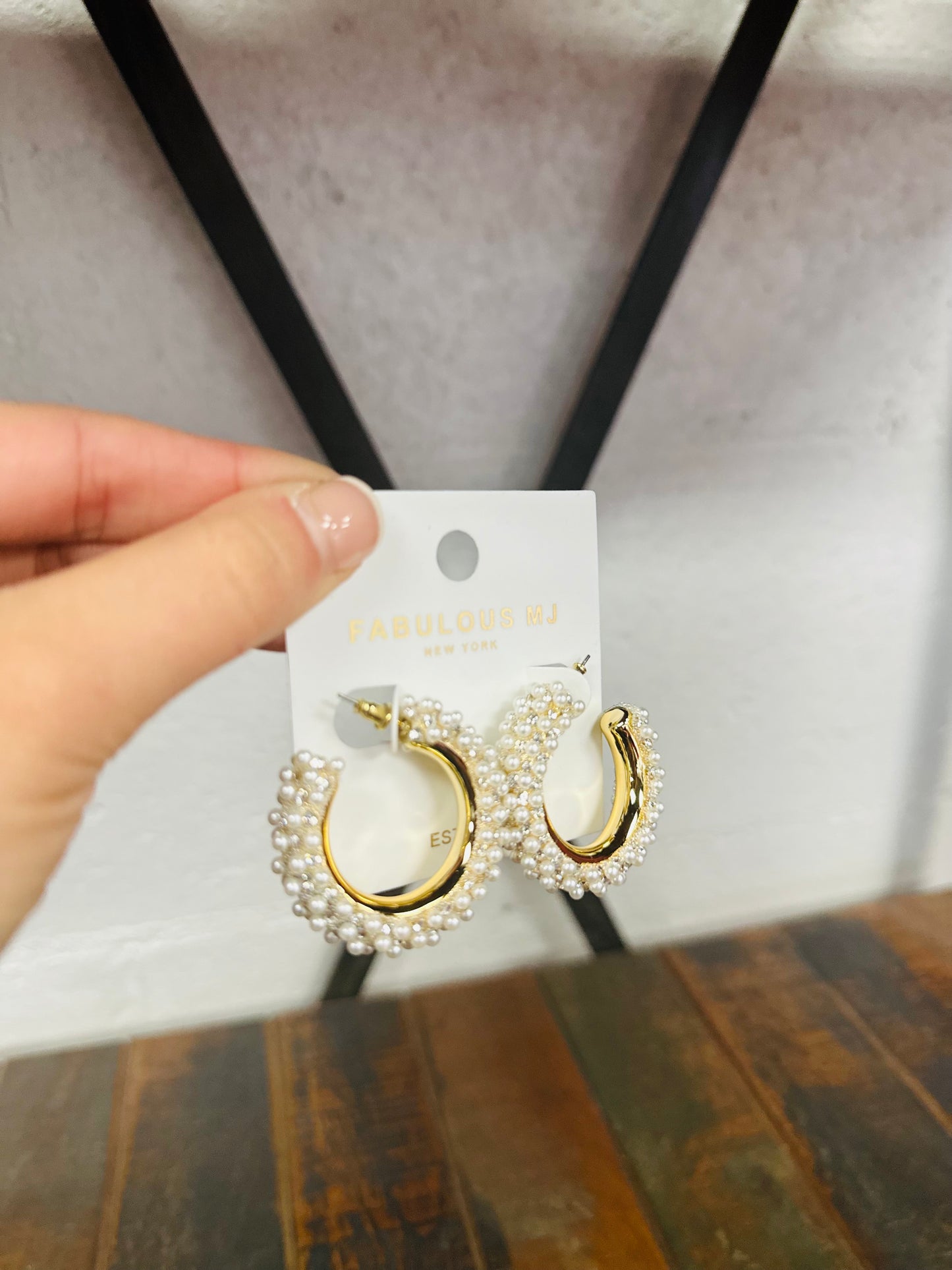 Gold + Cream Pearl Rhinestone Hoop Earring