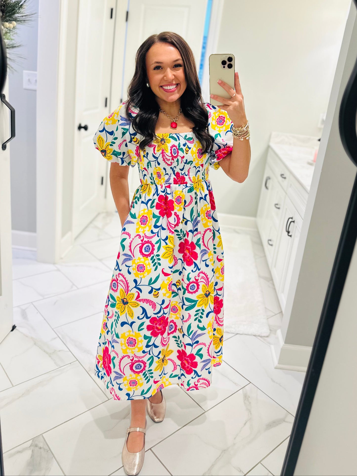 The Kes White Floral Smocked Midi Dress