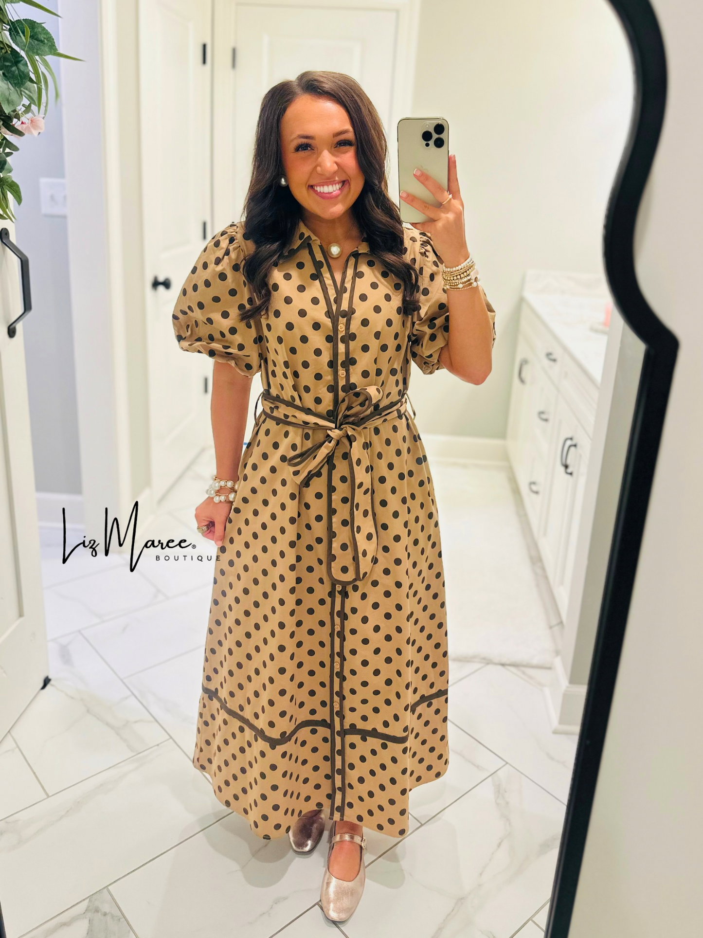 The Tatum Taupe Polka Dot Midi Dress