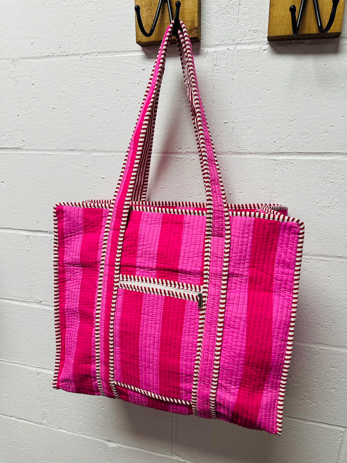 The Pink + Red Striped Quilted Tote Bag