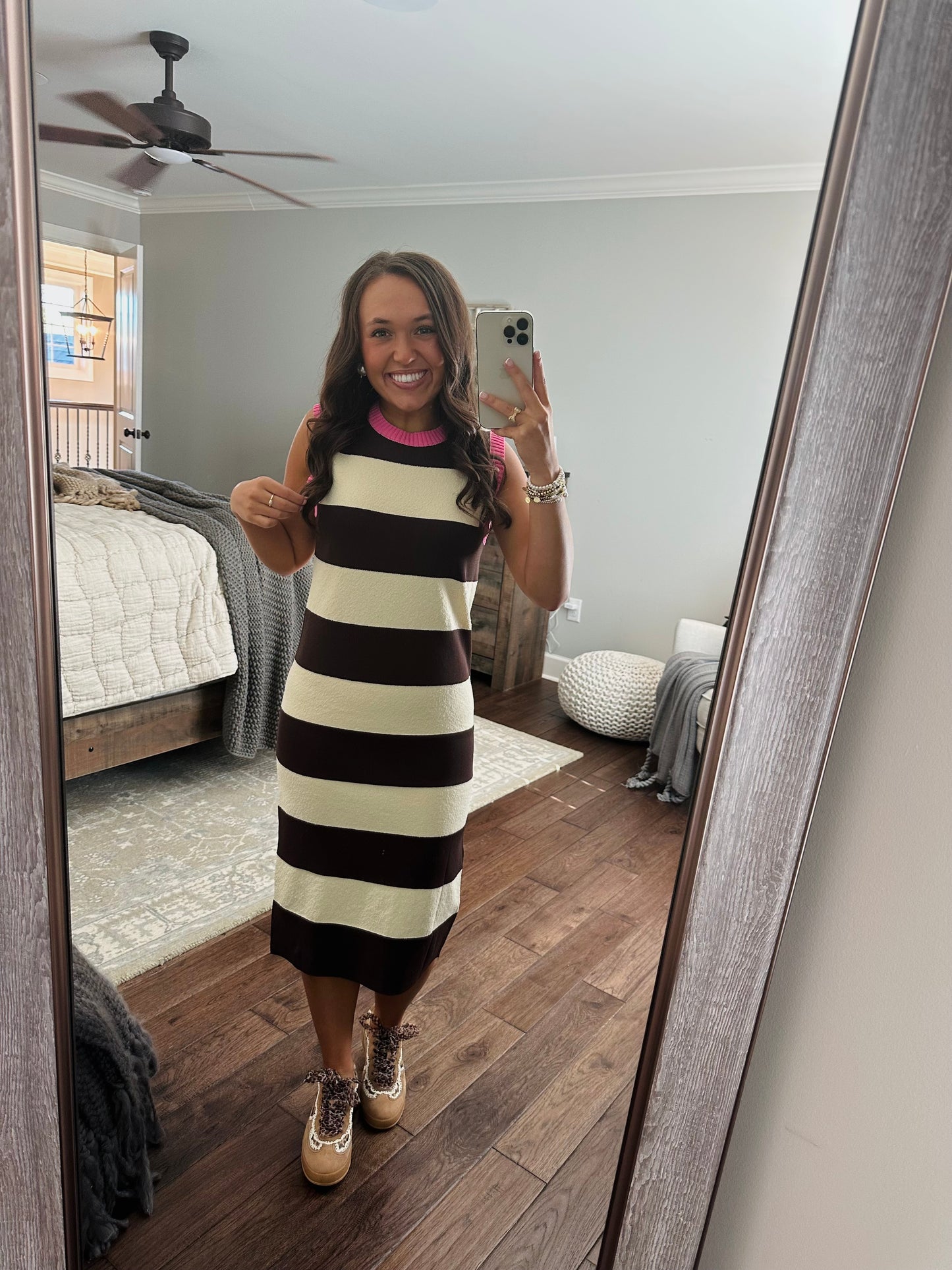 The Everlee Pink + Cream Striped Knit Midi Dress