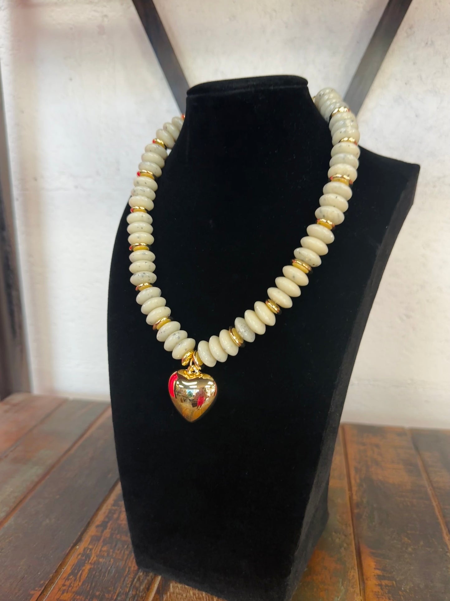 Beige + Gold Wide Bead Puffy Heart Necklace