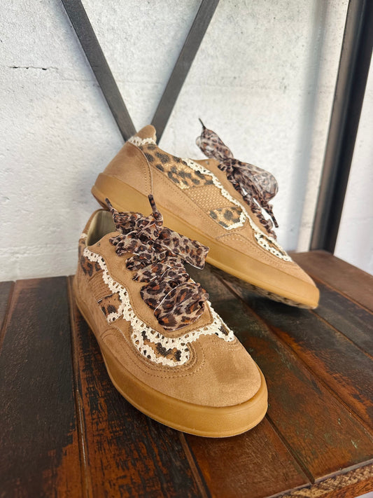 The Eleanor Camel Leopard Lace Trim Sneaker