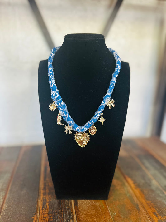 So Sweet & Chic Blue Gold Charm Scarf Necklace