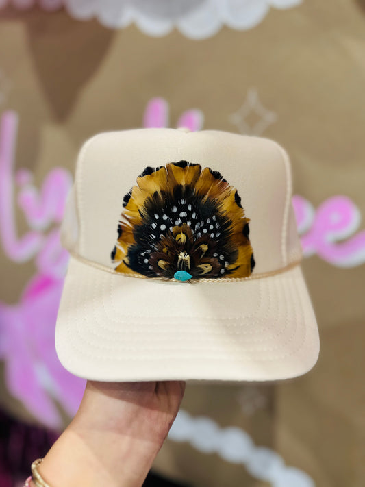 Tan Feather + Turquoise Stone Trucker Hat