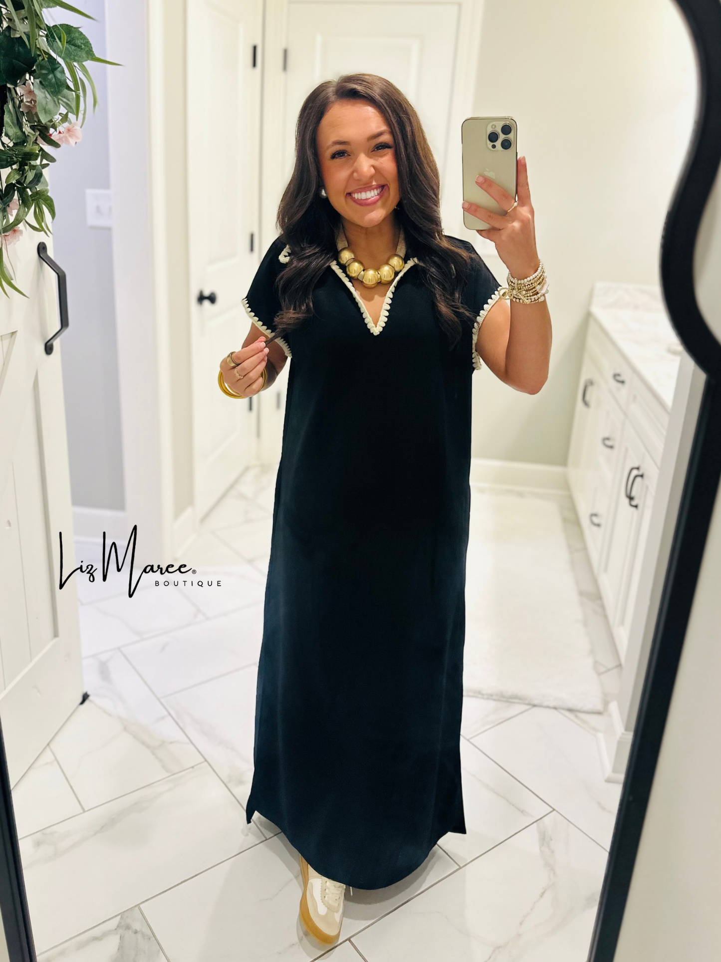 The Sarah Black Collared Stitch Midi Dress