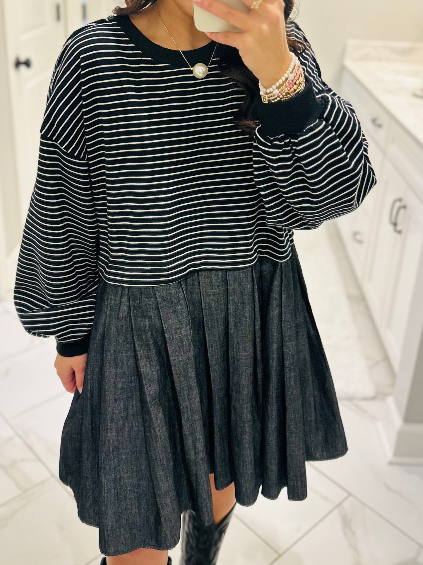 The Ella Long Sleeve Pleated Dress - Black / Denim