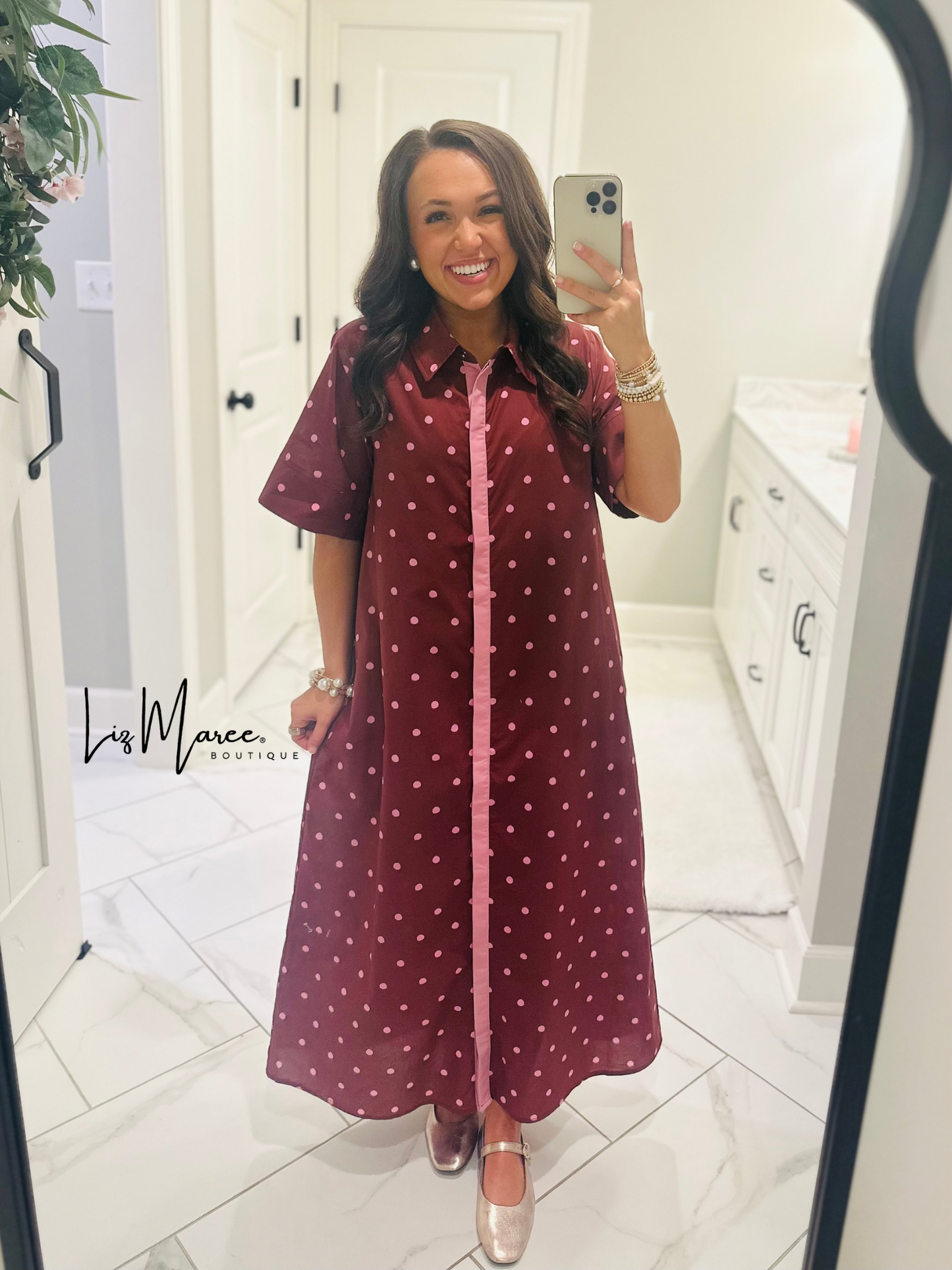 The Ruth Burgundy + Pink Polka Dot Midi Dress