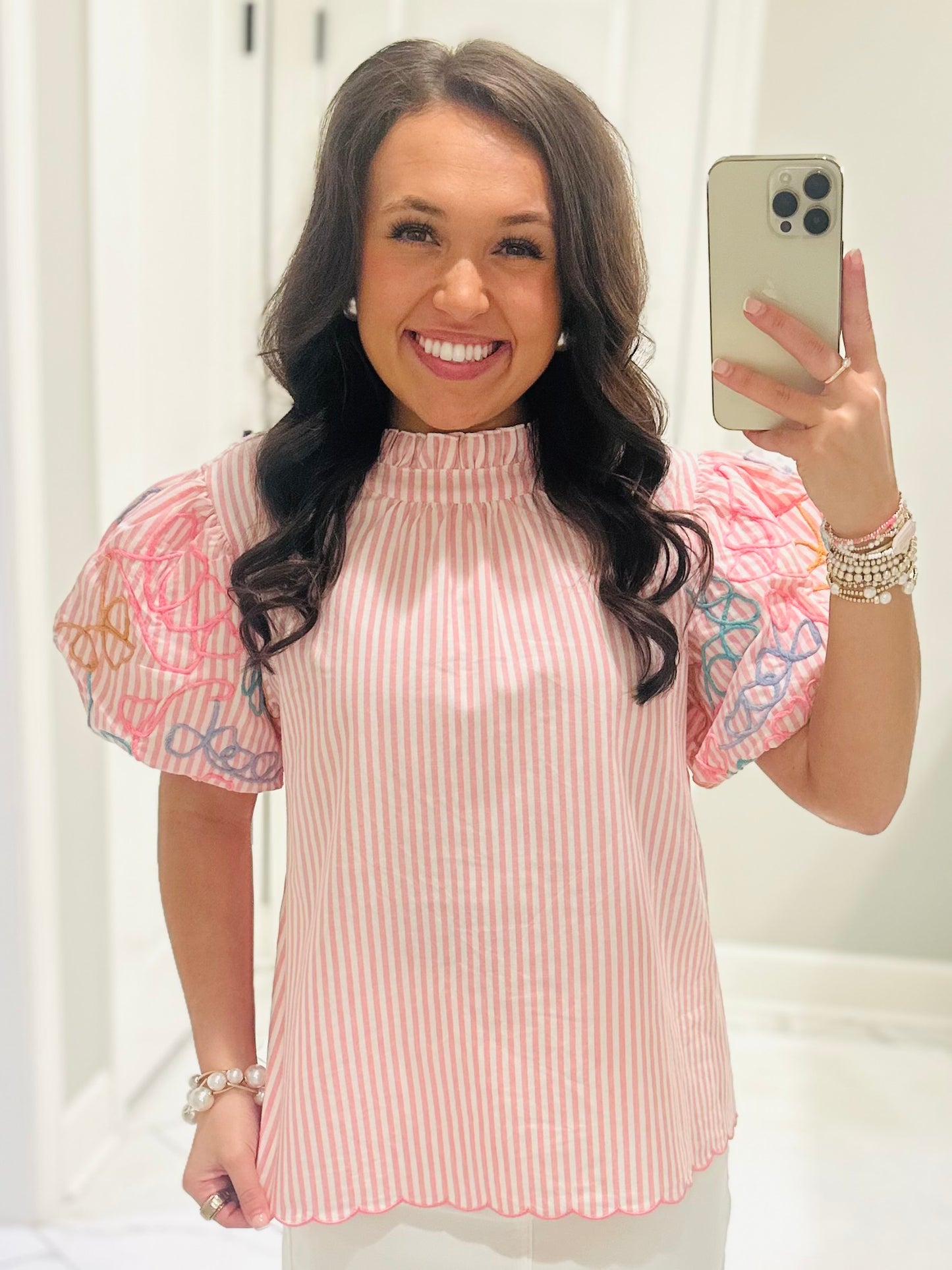 The Madi Rose Pink Striped Bubble Sleeve Top