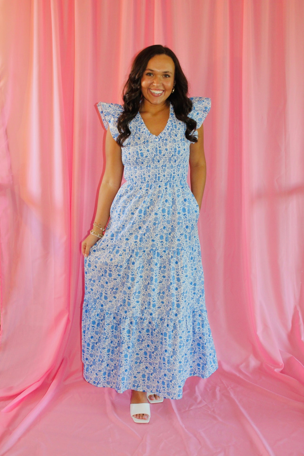 The Caroline Blue Floral Smocked Midi Dress