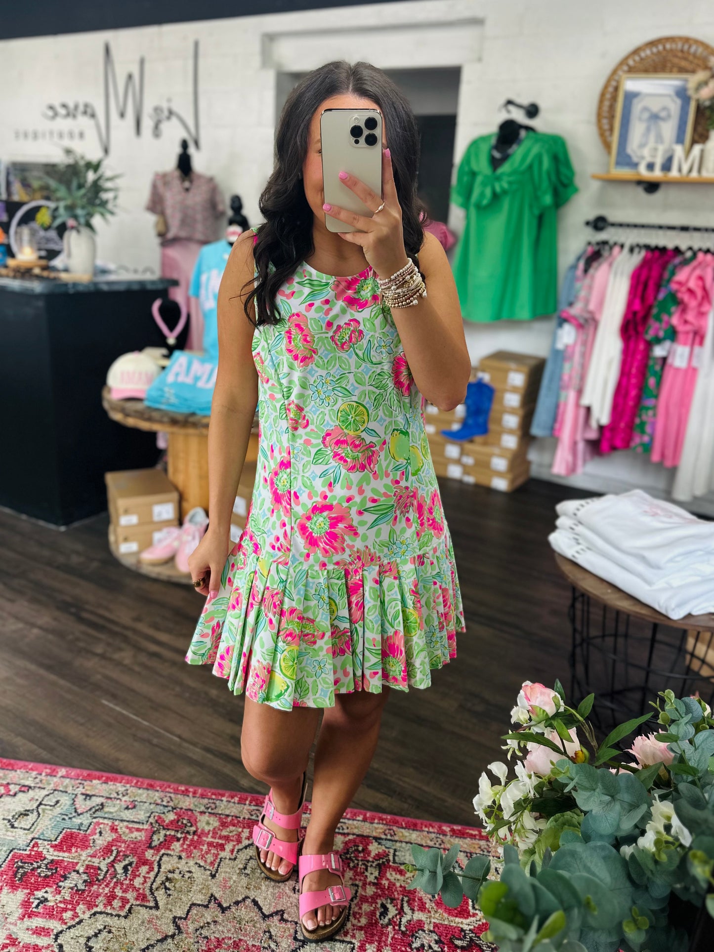 The Sunlee Pink Floral Pleated Dress