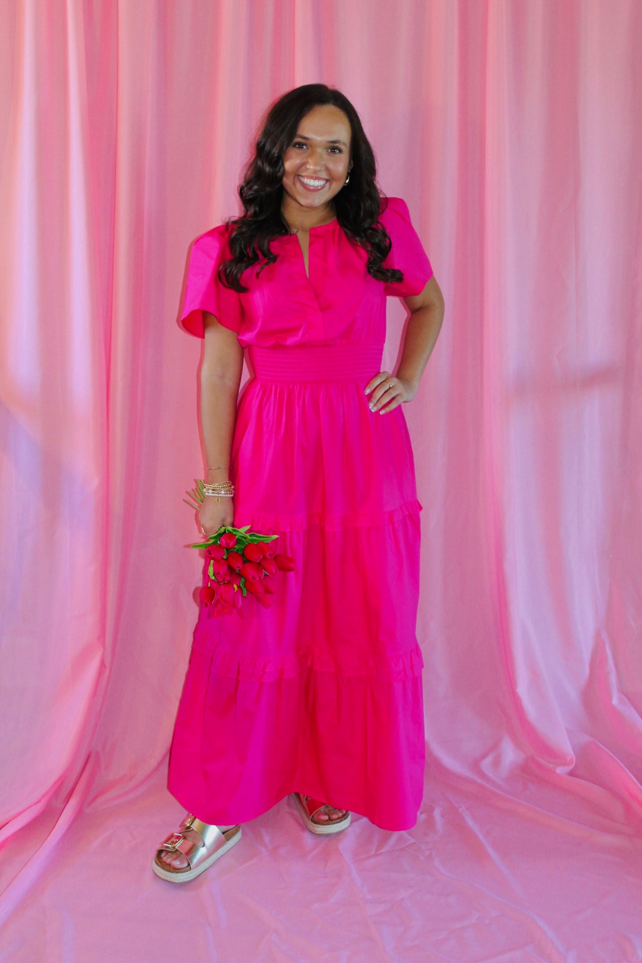 The Rose Hot Pink Palmer Poplin Tiered Maxi Dress