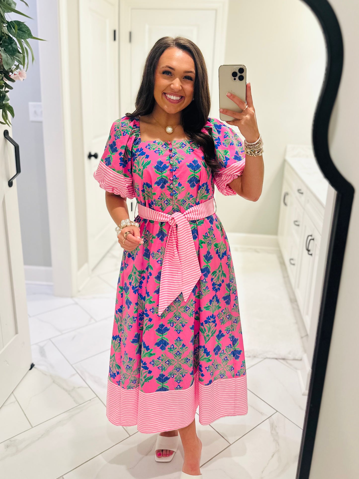 The Harlee Pink Botanical Midi Dress