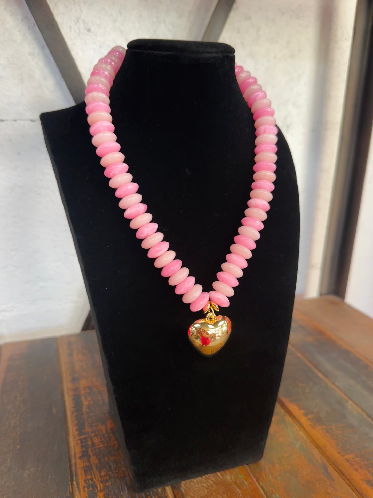 Pink + Gold Wide Bead Puffy Heart Necklace