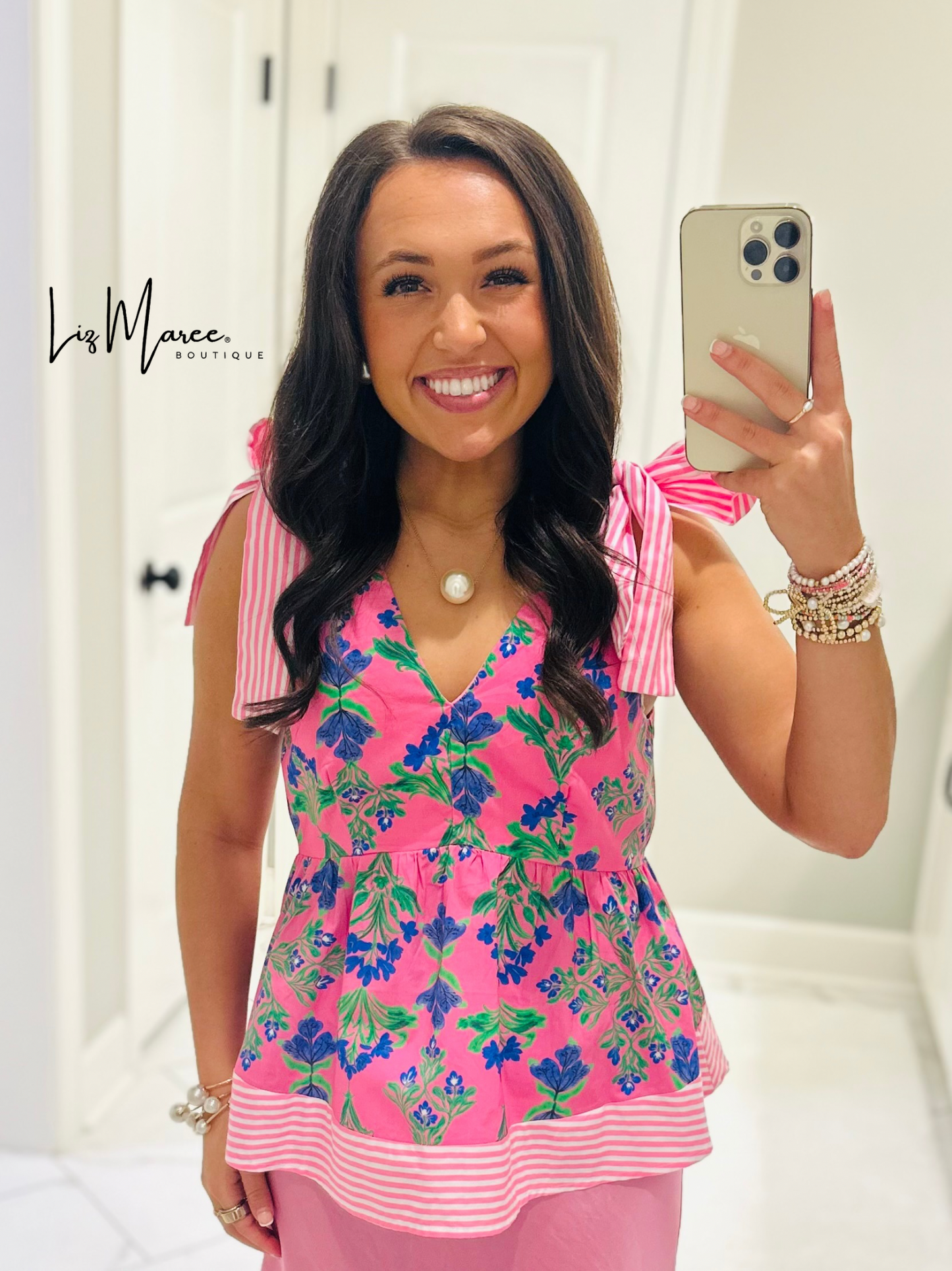 The Rory Pink Botanical Shoulder Bow Top