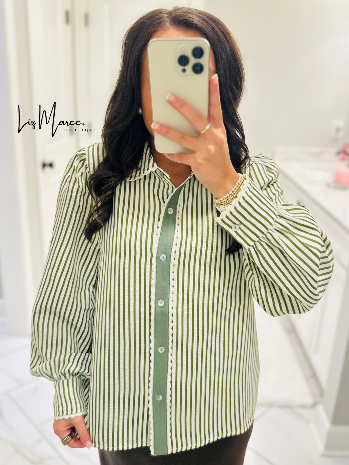 The Kathy Olive Green Striped Scallop Top