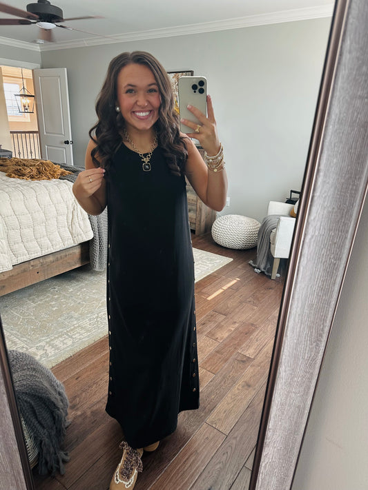 The Brooke Black Ribbed Midi Dress