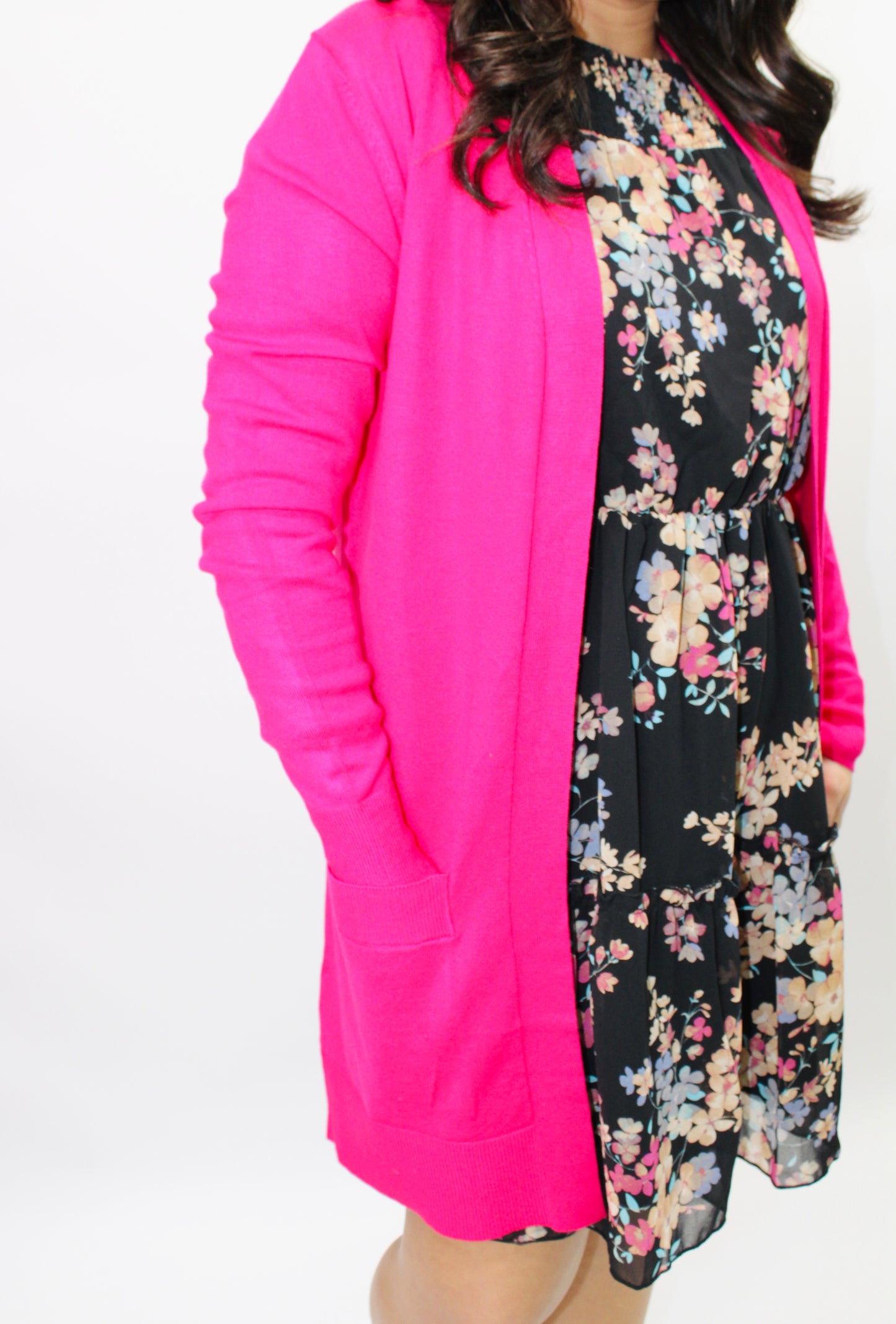 Hot Pink Open Front Pocket Cardigan