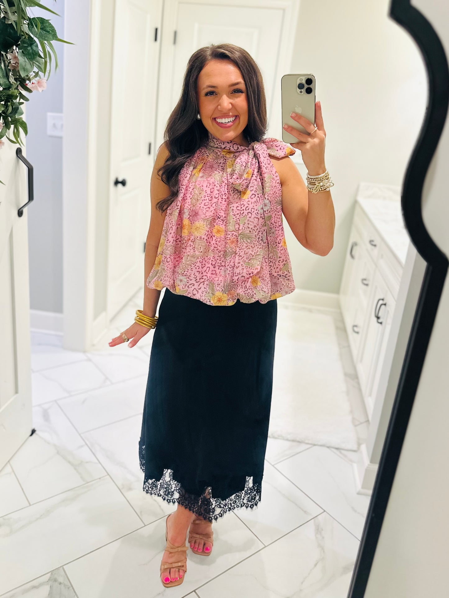 The Dallas Black Satin Lace Midi Skirt