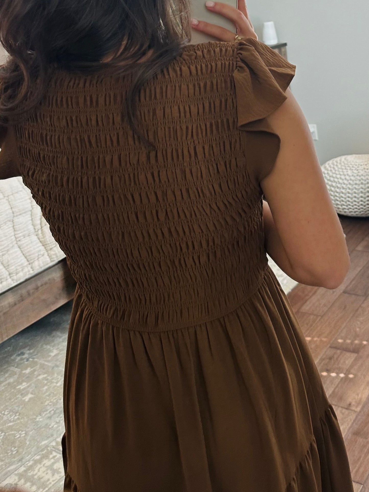 The Maple Copper Brown Flutter Sleeve Smocked Midi Dress