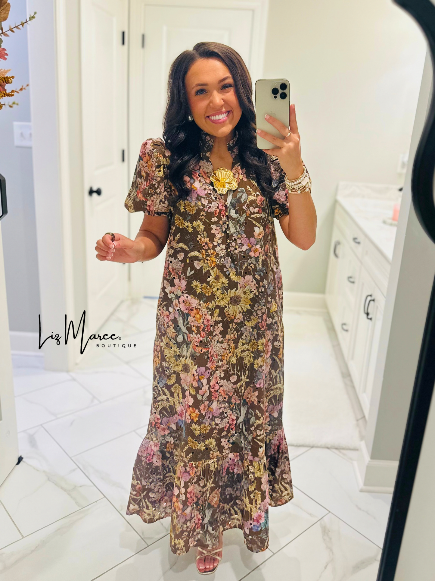 The Nadine Brown Floral Eyelet Midi Dress
