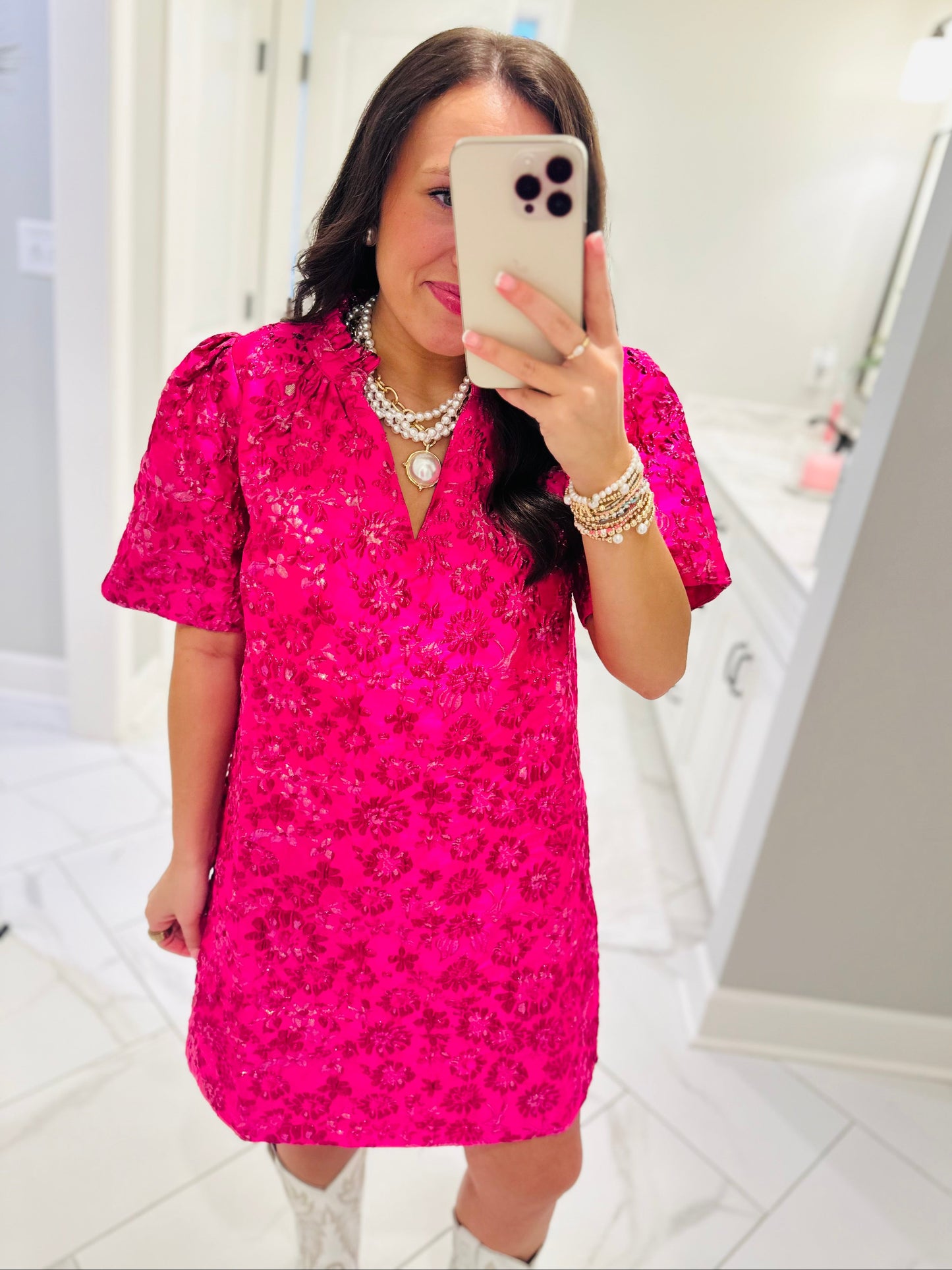 The Harrington Fuchsia Jacquard Shift Dress