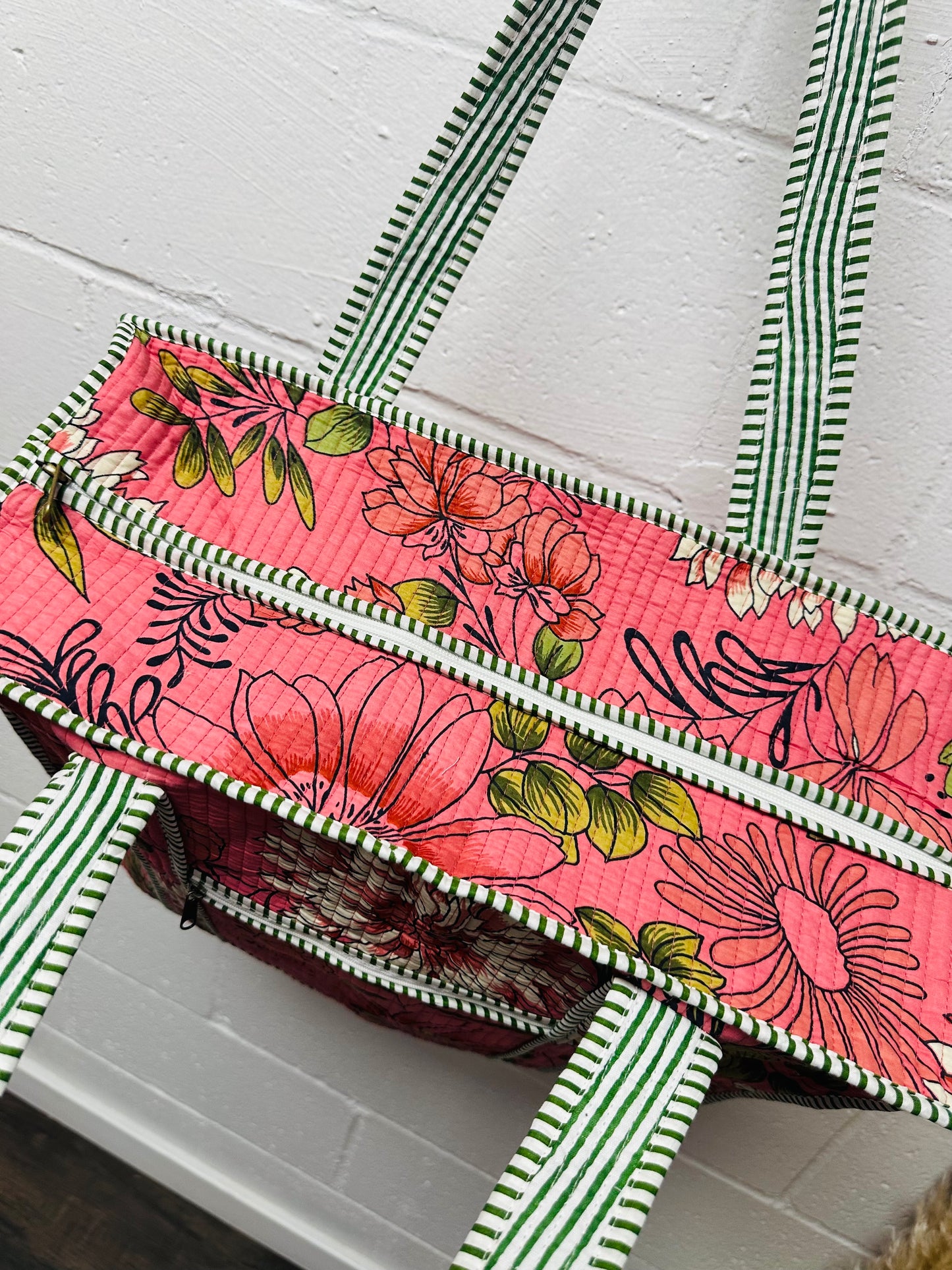 The Coral Pink Flower Power Quilted Tote Bag