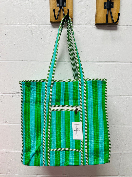 The Teal + Green Striped Quilted Tote Bag