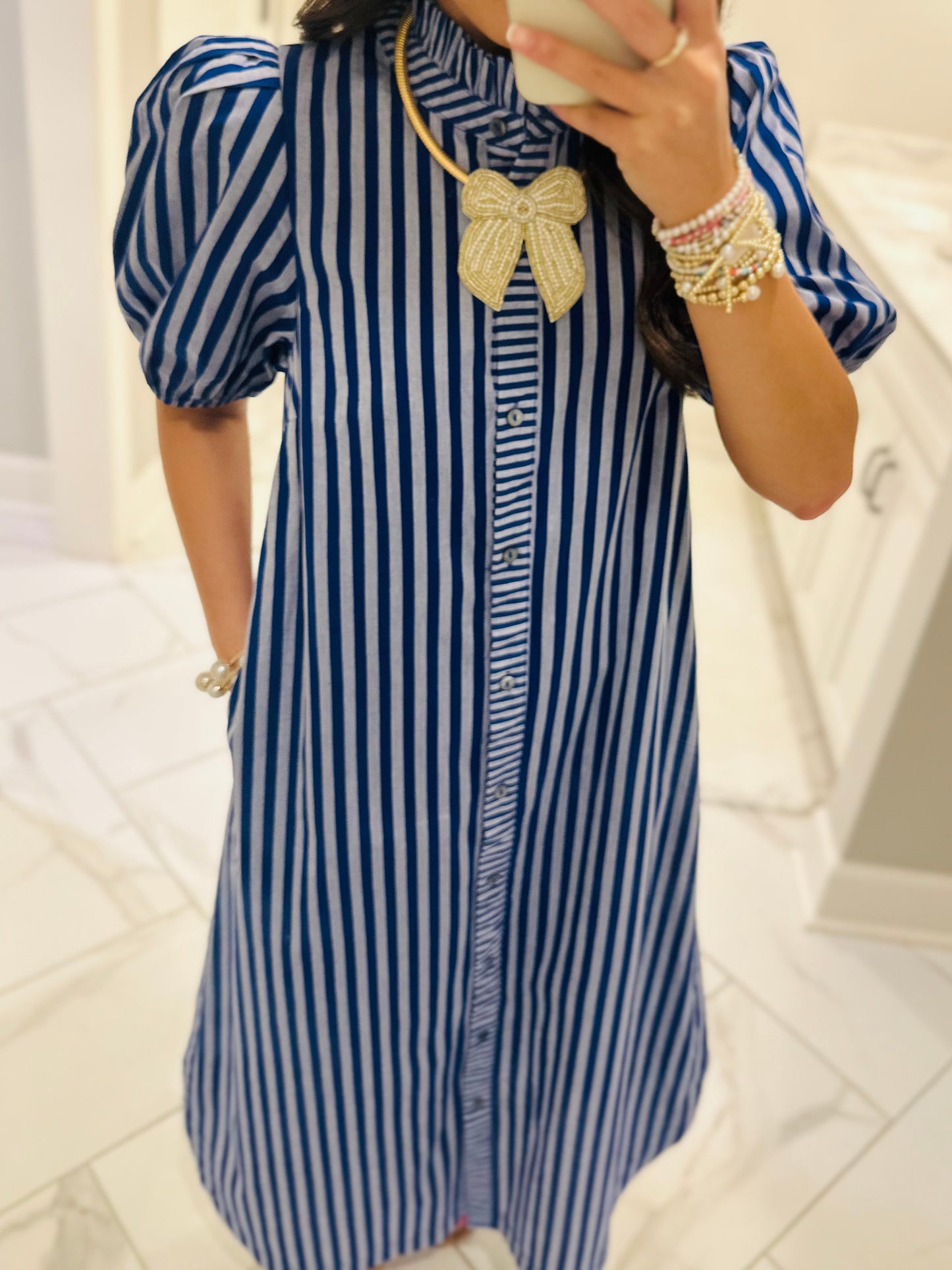The Quinn Navy Blue Striped Midi Dress