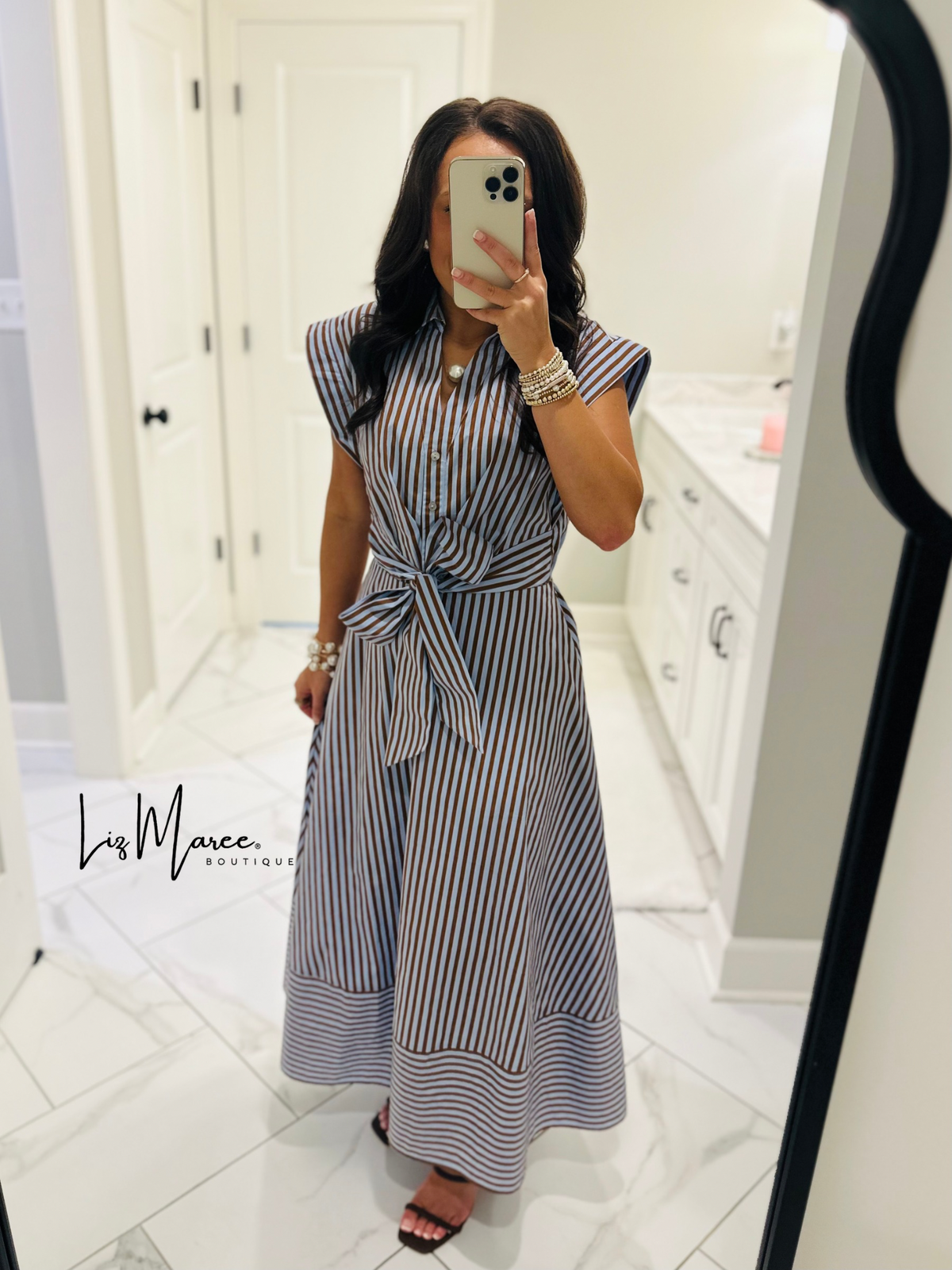 The Charity Blue + Brown Striped Midi Dress
