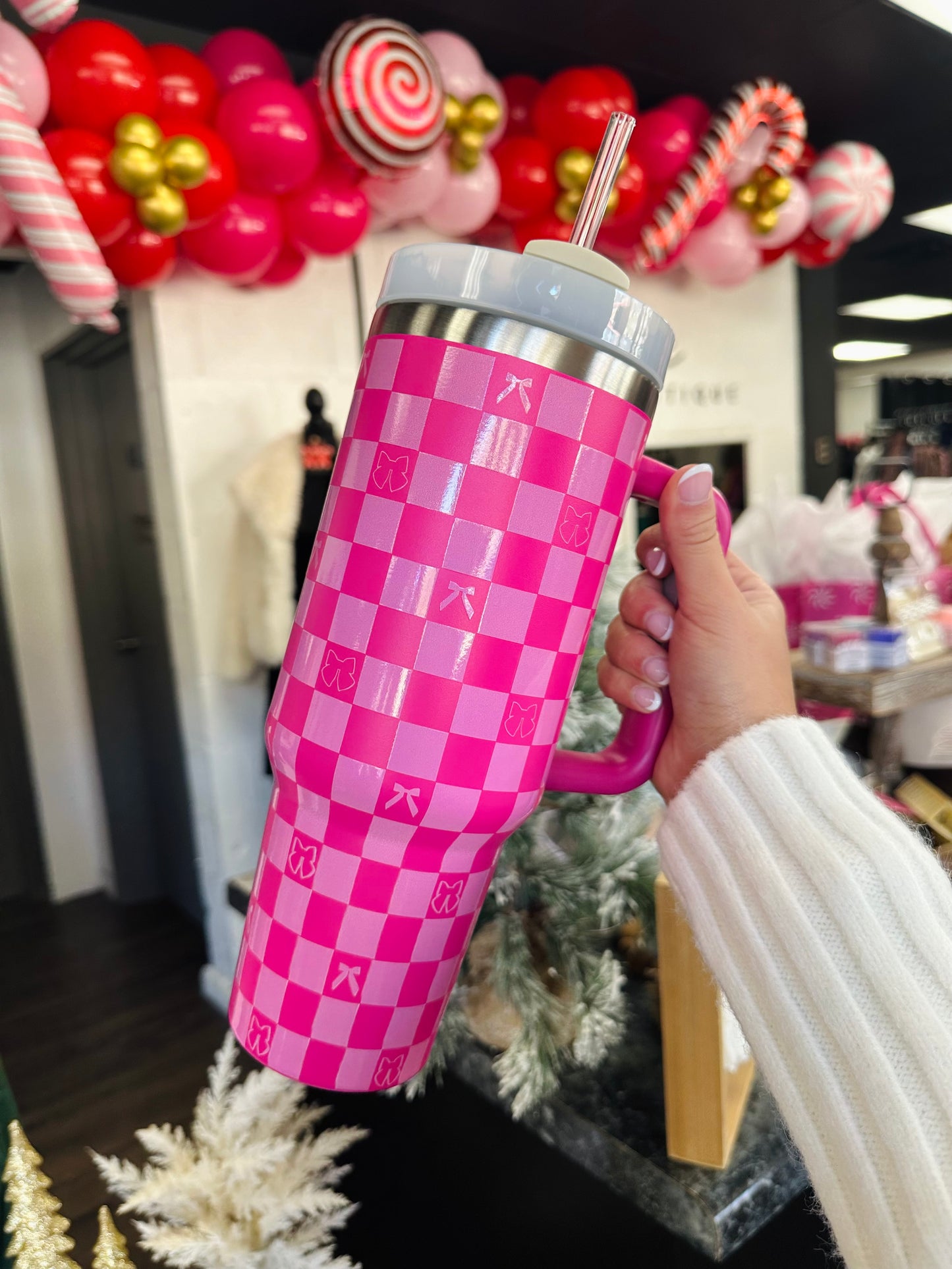 Fuchsia Bow & Checkered Print 40oz Tumbler