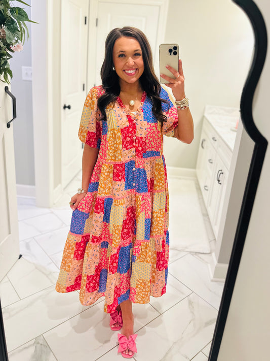 The Wrenlee Pink Patchwork Midi Dress