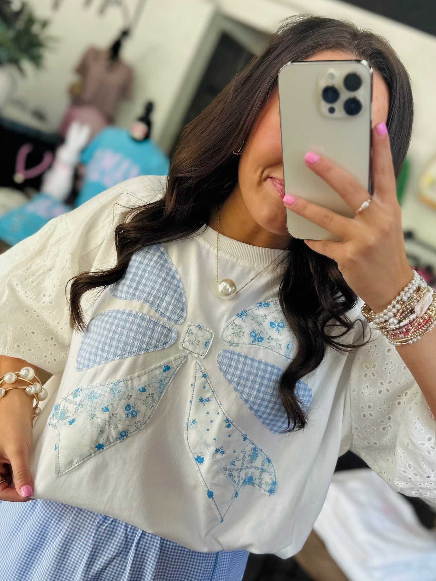 The Brylee Blue Bow Patchwork Top