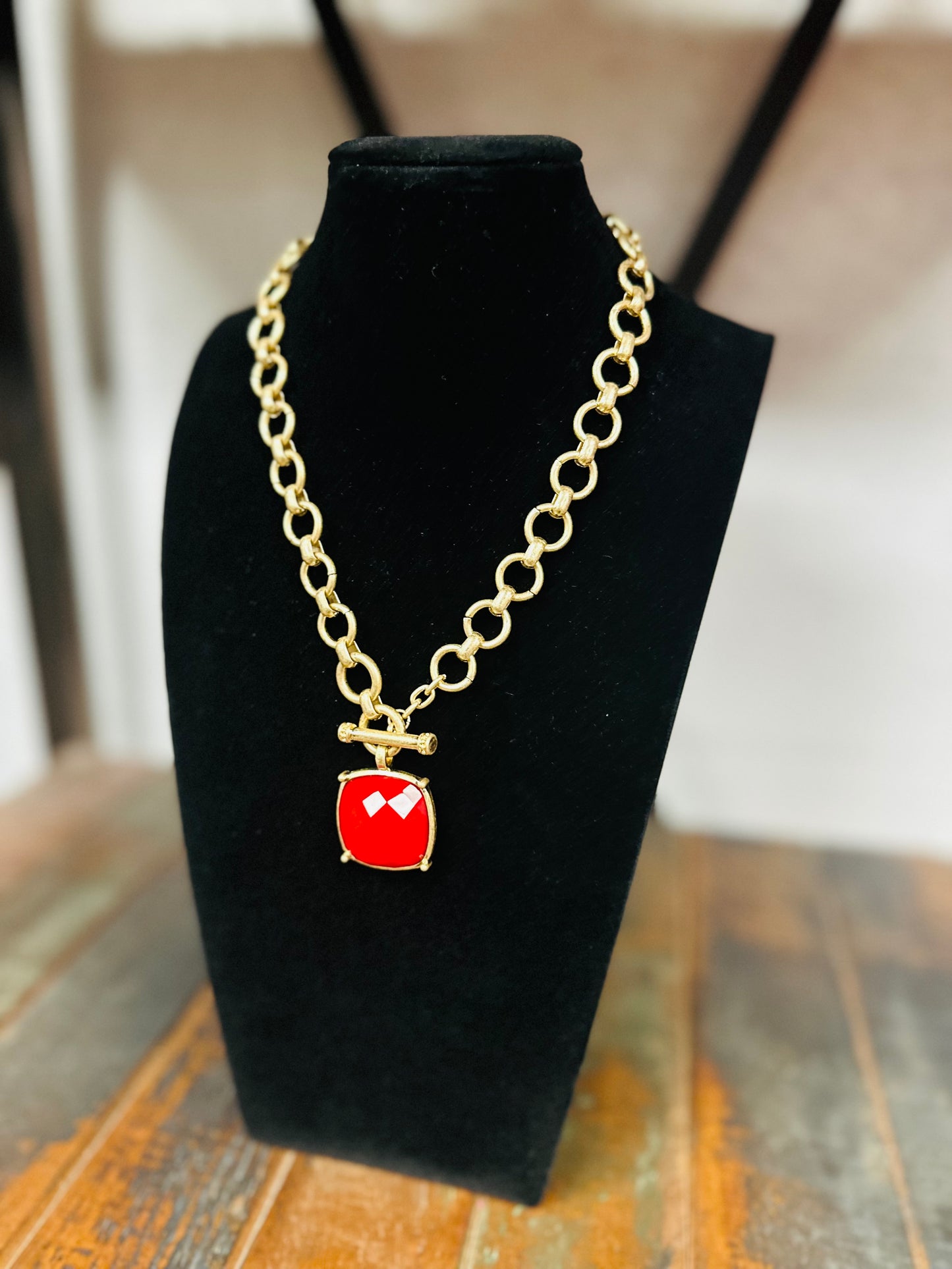 Red Square Stone Pendant Necklace