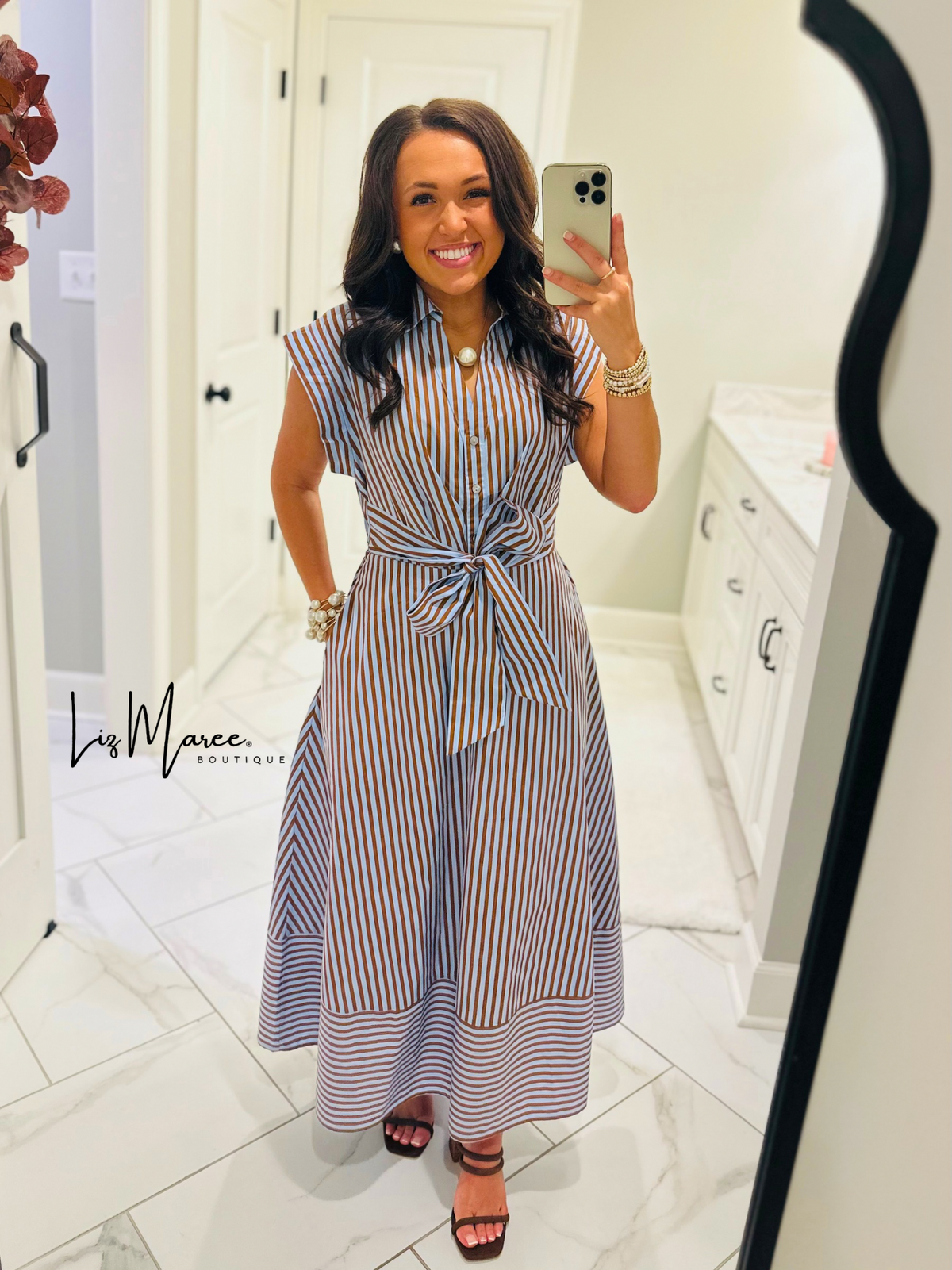 The Charity Blue + Brown Striped Midi Dress