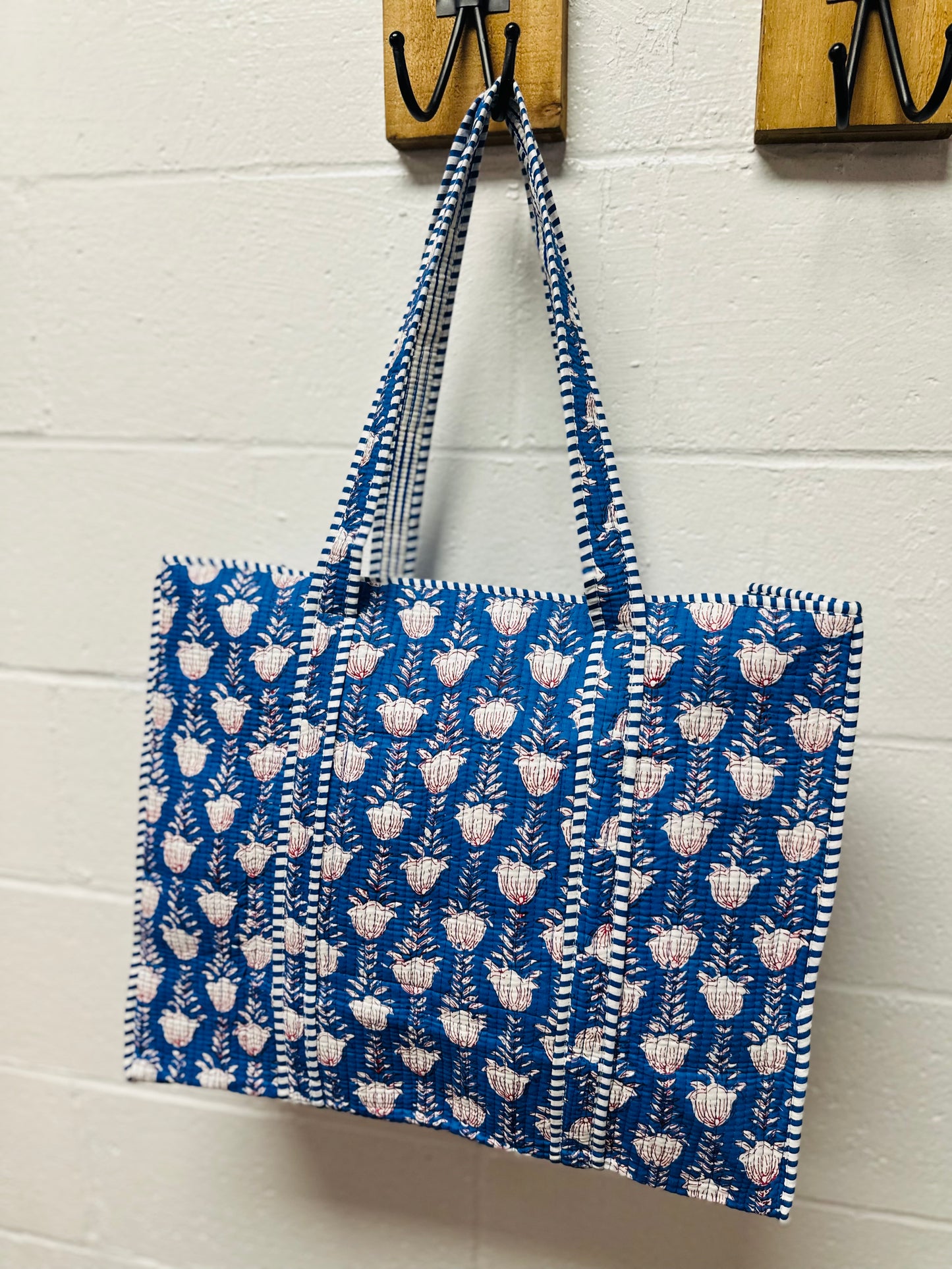 The Royal Blue & White Floral Quilted Tote Bag