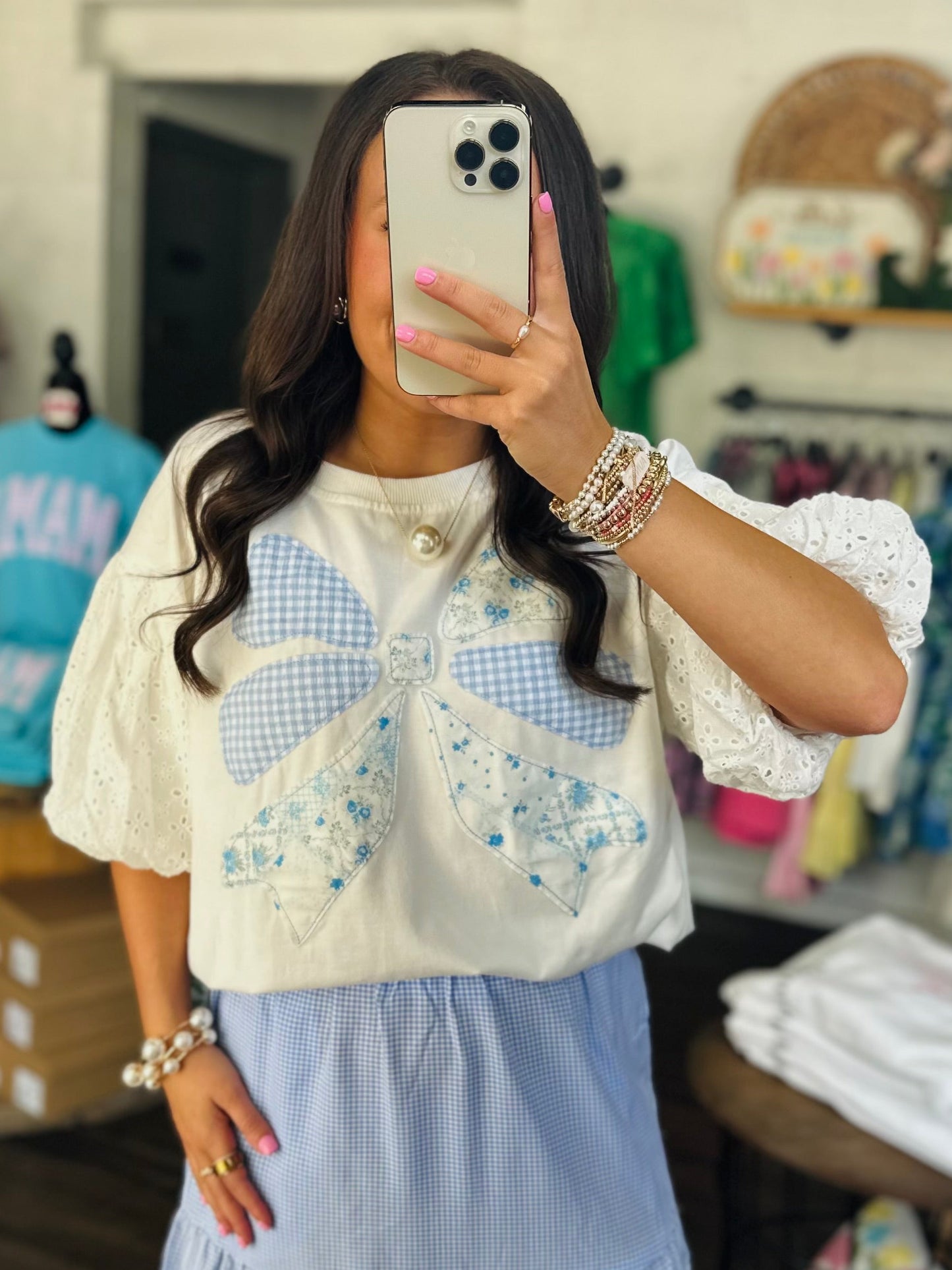 The Brylee Blue Bow Patchwork Top