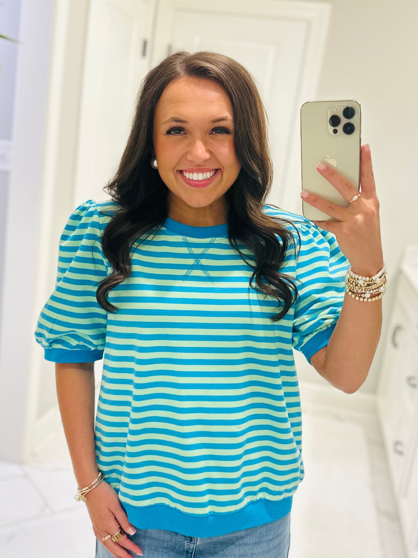 The Summer Blue + Lime Green Striped Puff Sleeve Top