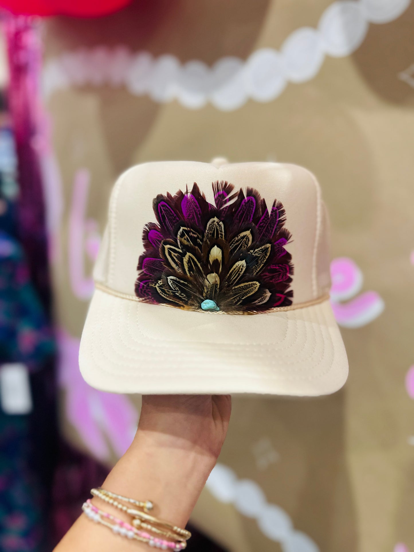 Tan + Purple Feather Trucker Hat