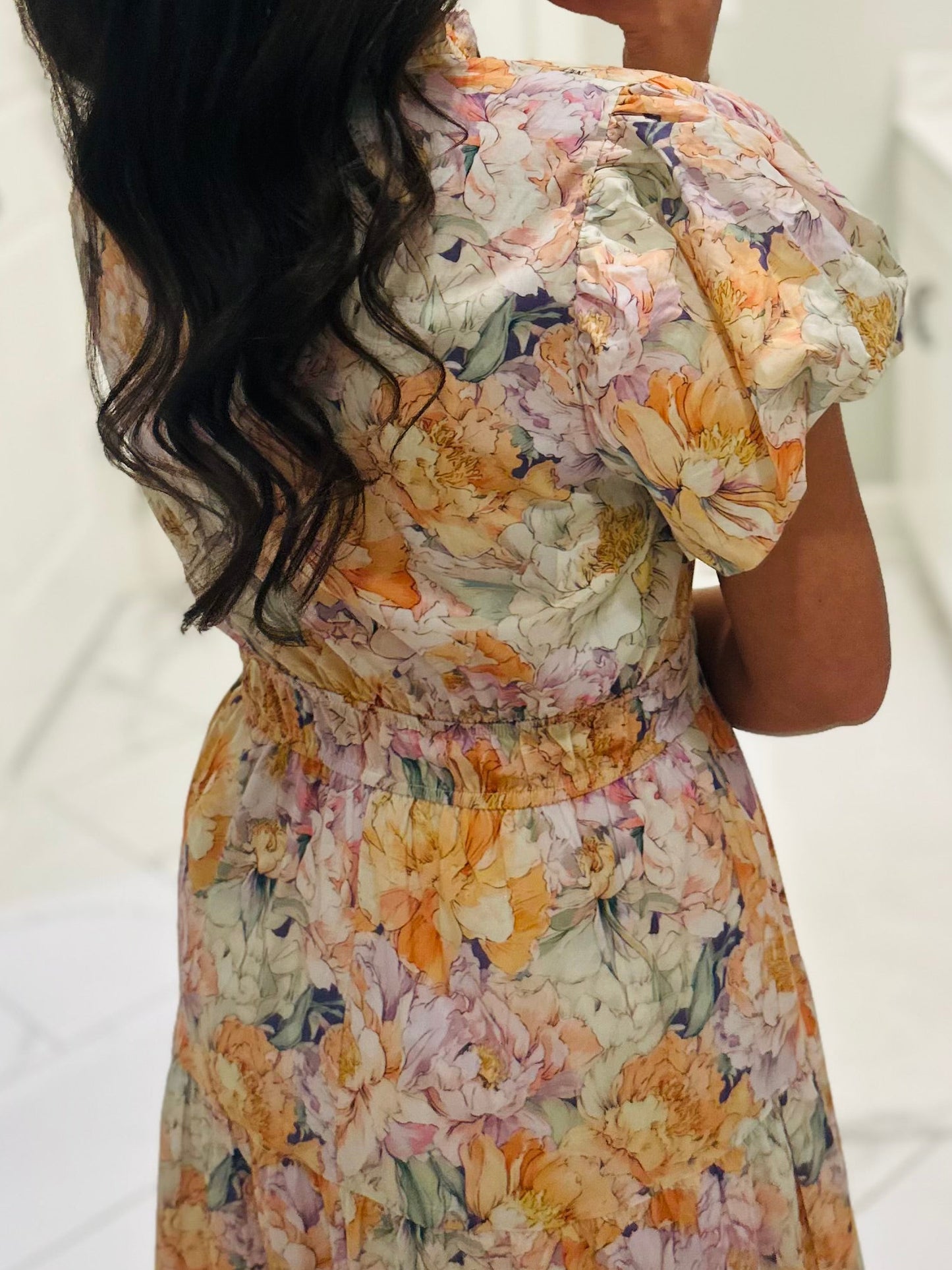 The Elizabeth Lavender + Orange Multicolor Floral Midi Dress