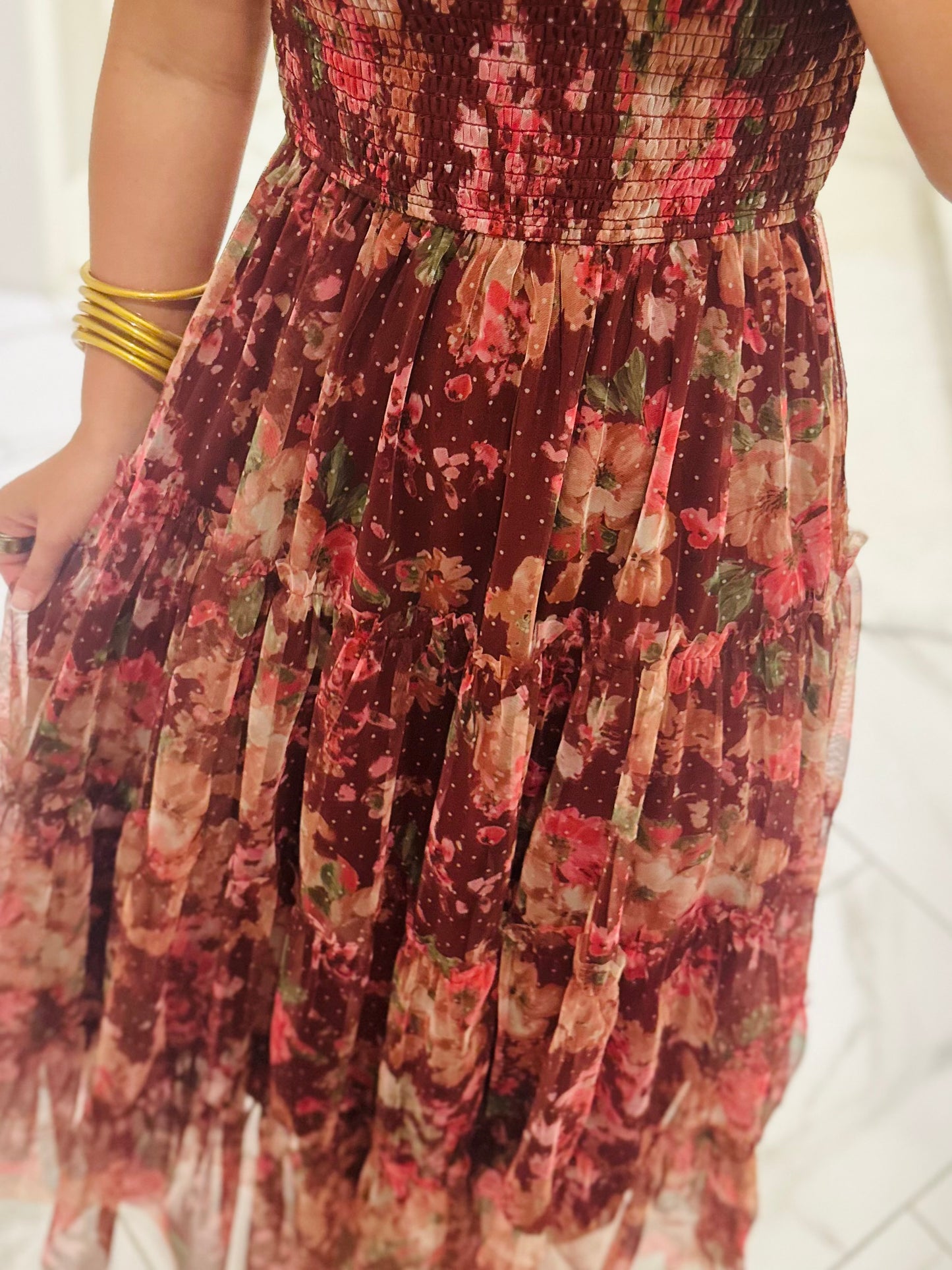 The Halston Burgundy Floral Polka Dot Midi Dress