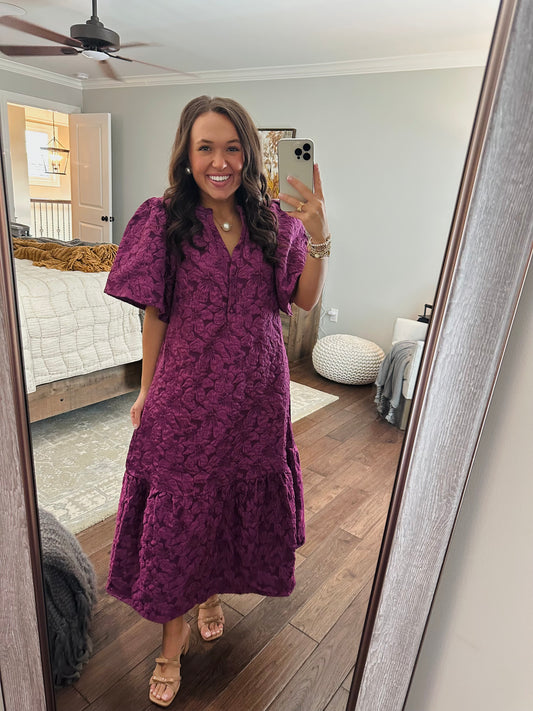 The Ada Plum Jacquard Floral Midi Dress