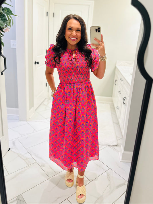 The Tamry Pink Smocked Midi Dress