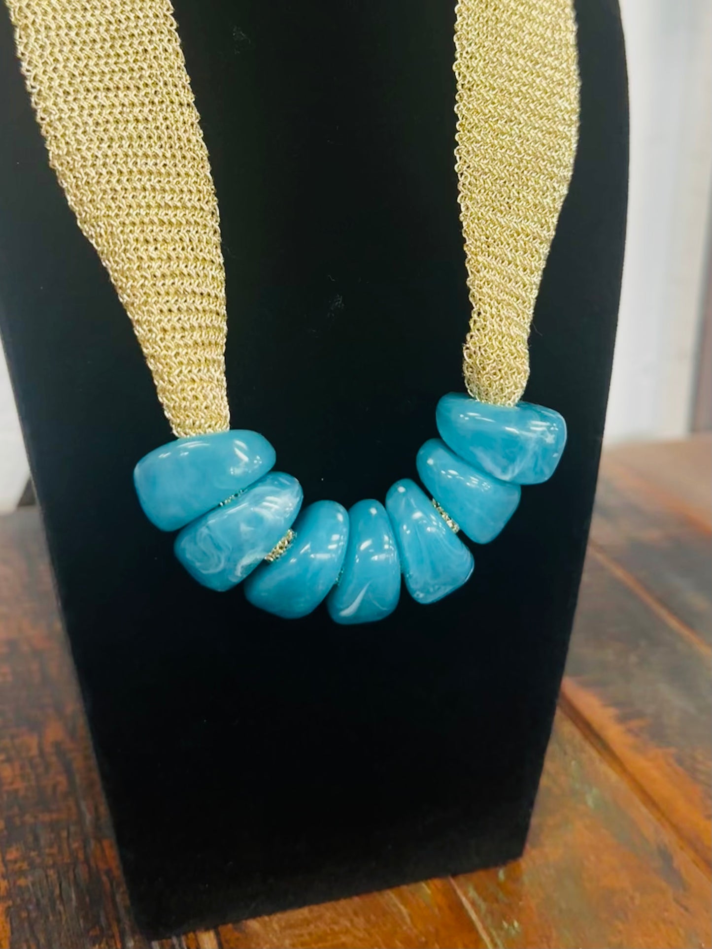 Turquoise + Gold Mesh Fabric Statement Necklace