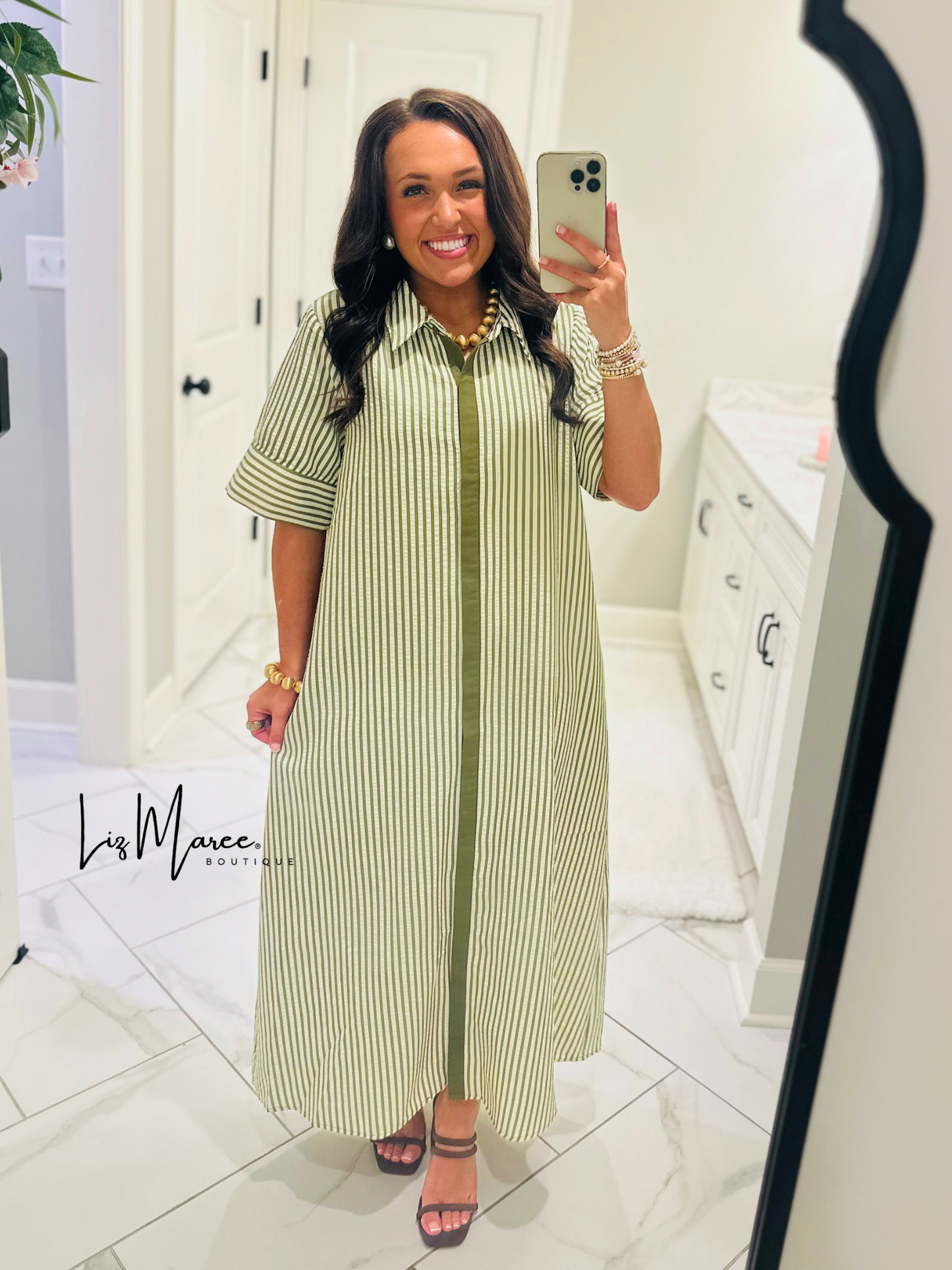 The Nora Olive Green Striped Midi Dress