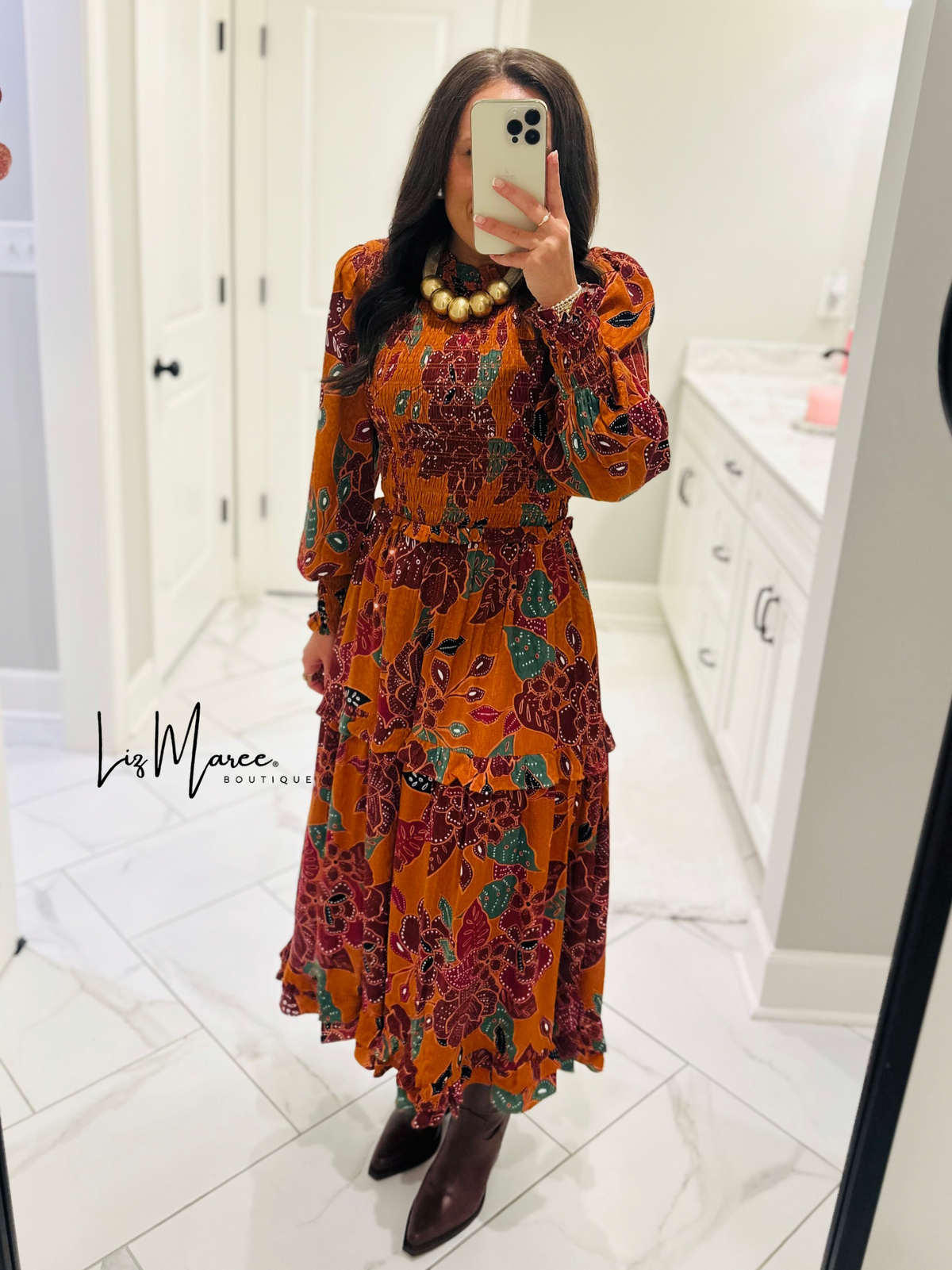 The Marven Rust Brown Floral Smocked Midi Dress