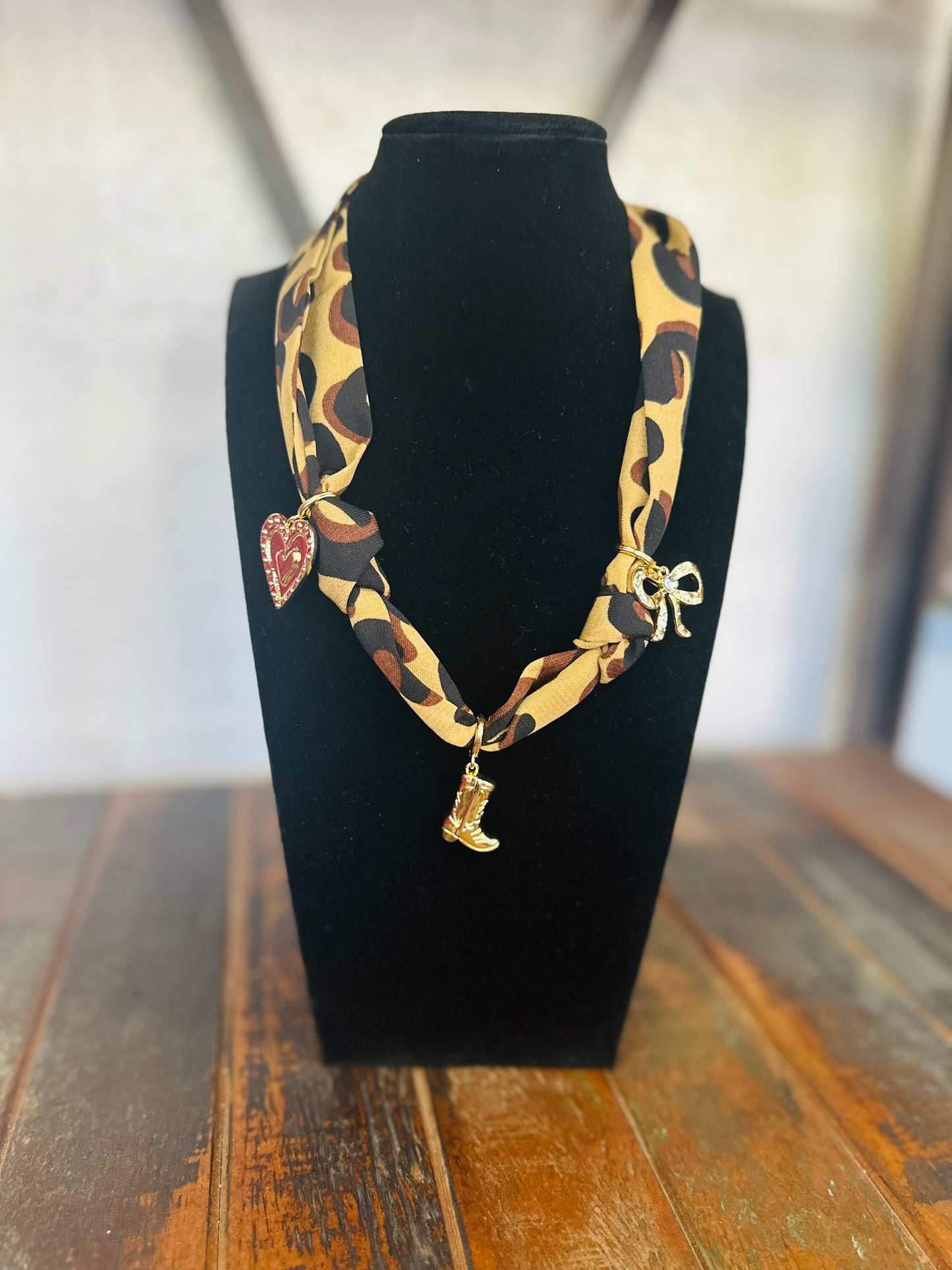 Leopard Silk Scarf + Charm Pendant Necklace