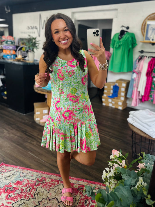 The Sunlee Pink Floral Pleated Dress