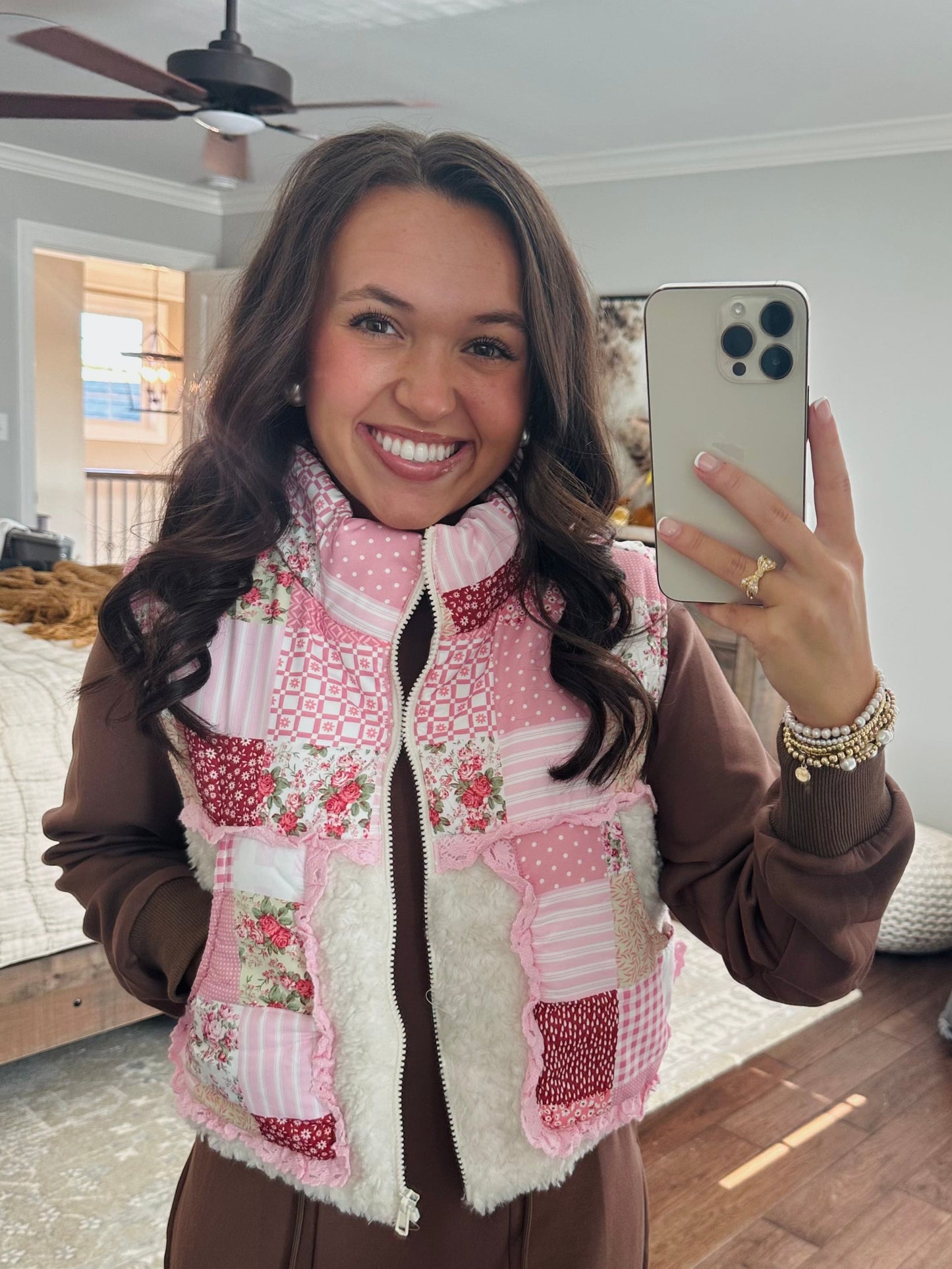 The Winnie Pink Patchwork Ruffle Sherpa Vest